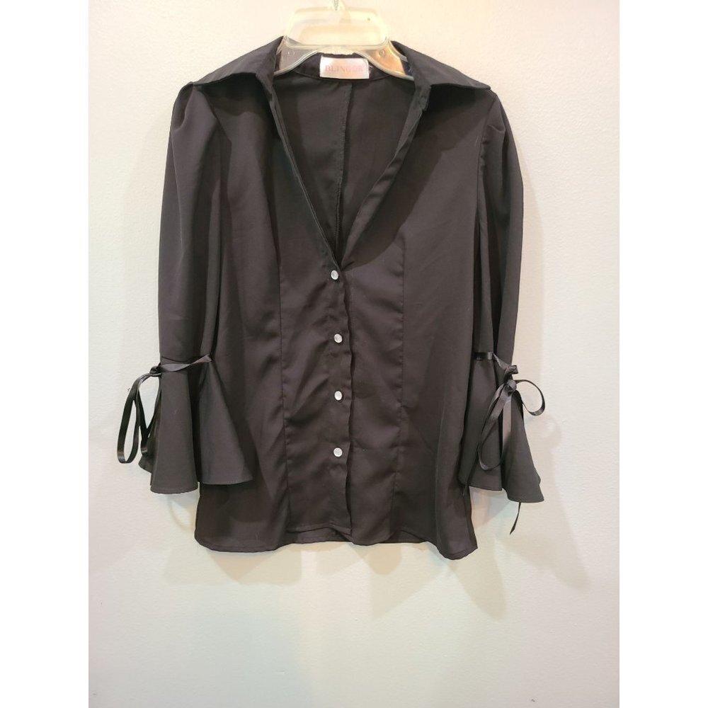 Blingor Blouse Women's Small Black Button Front Bell Sleeve Office Career Wear